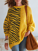 Women's American Retro Casual Style Yellow Zebra Crew Neck Pullover Sweater With Contrast Jacquard Panel ZMZ1325J8ZYY