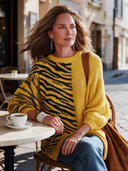 Women's American Retro Casual Style Yellow Zebra Crew Neck Pullover Sweater With Contrast Jacquard Panel ZMZ1325J8ZYY