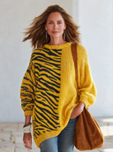 Women's American Retro Casual Style Yellow Zebra Crew Neck Pullover Sweater With Contrast Jacquard Panel ZMZ1325J8ZYY