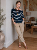 Women's Stylish Striped Knit One-Shoulder Sweater With Lace Trim ZMZ1317J7SWL