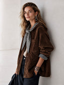 Women's Classic Corduroy And Plaid Panel Hooded Zip-Up Jacket ZMZ1340J9SWL