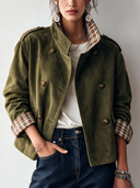 Women's Classic Faux Suede And Plaid Panel Stand-Collar Double-Breasted Jacket ZMZ1328J0SWL