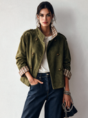 Women's Classic Faux Suede And Plaid Panel Stand-Collar Double-Breasted Jacket ZMZ1328J0SWL