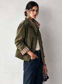 Women's Classic Faux Suede And Plaid Panel Stand-Collar Double-Breasted Jacket ZMZ1328J0SWL