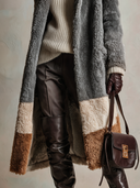 Women's Grey Colorblock Teddy Faux Shearling Long Coat with Notched Lapels ZMZ1324J8ZYY