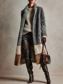 Women's Grey Colorblock Teddy Faux Shearling Long Coat with Notched Lapels ZMZ1324J8ZYY