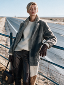 Women's Grey Colorblock Teddy Faux Shearling Long Coat with Notched Lapels ZMZ1324J8ZYY