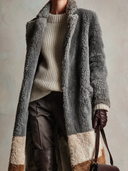 Women's Grey Colorblock Teddy Faux Shearling Long Coat with Notched Lapels ZMZ1324J8ZYY