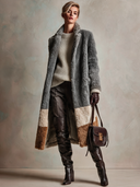 Women's Grey Colorblock Teddy Faux Shearling Long Coat with Notched Lapels ZMZ1324J8ZYY