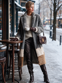 Women's Grey Colorblock Teddy Faux Shearling Long Coat with Notched Lapels ZMZ1324J8ZYY