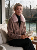 Women's Vintage-Style Knit Zip-Up Cardigan With Pink Faux Fur Collar And Patch Pockets ZMZ1300J6ZYY