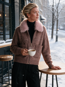 Women's Vintage-Style Knit Zip-Up Cardigan With Pink Faux Fur Collar And Patch Pockets ZMZ1300J6ZYY