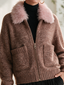 Women's Vintage-Style Knit Zip-Up Cardigan With Pink Faux Fur Collar And Patch Pockets ZMZ1300J6ZYY