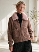 Women's Vintage-Style Knit Zip-Up Cardigan With Pink Faux Fur Collar And Patch Pockets ZMZ1300J6ZYY