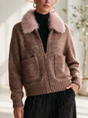 Women's Vintage-Style Knit Zip-Up Cardigan With Pink Faux Fur Collar And Patch Pockets ZMZ1300J6ZYY