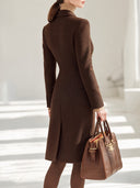 Women's Chocolate Brown Herringbone Double-Breasted Peak Lapel Tailored Long Coat ZMZ1328J7YZH