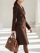Women's Chocolate Brown Herringbone Double-Breasted Peak Lapel Tailored Long Coat ZMZ1328J7YZH
