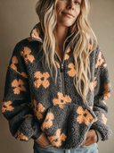 Women's Retro Casual Color-Block Floral Plush Long-Sleeve Pullover With Zipper Collar ZMZ1382J0ZJY