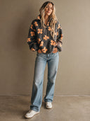 Women's Retro Casual Color-Block Floral Plush Long-Sleeve Pullover With Zipper Collar ZMZ1382J0ZJY