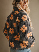Women's Retro Casual Color-Block Floral Plush Long-Sleeve Pullover With Zipper Collar ZMZ1382J0ZJY