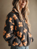 Women's Retro Casual Color-Block Floral Plush Long-Sleeve Pullover With Zipper Collar ZMZ1382J0ZJY