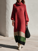 Women's Vintage French-Style Elegant Loose-Fit Knit Maxi Dress With High Neck And Lantern Sleeves ZMZ1369J2ZYY