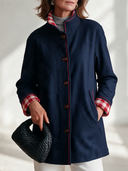 Women's Vintage-Style Casual Navy Stand Collar Wool-Blend Coat With Red Piping And Gingham Cuff Lining ZMZ1386J1ZYY