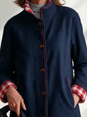 Women's Vintage-Style Casual Navy Stand Collar Wool-Blend Coat With Red Piping And Gingham Cuff Lining ZMZ1386J1ZYY