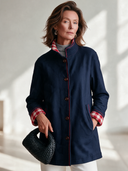 Women's Vintage-Style Casual Navy Stand Collar Wool-Blend Coat With Red Piping And Gingham Cuff Lining ZMZ1386J1ZYY