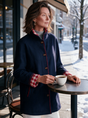 Women's Vintage-Style Casual Navy Stand Collar Wool-Blend Coat With Red Piping And Gingham Cuff Lining ZMZ1386J1ZYY