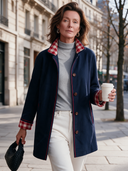 Women's Vintage-Style Casual Navy Stand Collar Wool-Blend Coat With Red Piping And Gingham Cuff Lining ZMZ1386J1ZYY