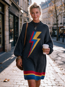 Women's Retro American-Style Casual Lightning Bolt Knit Sweater Dress Charcoal Mock Neck Balloon Sleeve Striped Hem ZMZ1371J5ZYY