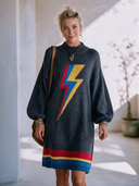 Women's Retro American-Style Casual Lightning Bolt Knit Sweater Dress Charcoal Mock Neck Balloon Sleeve Striped Hem ZMZ1371J5ZYY