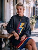 Women's Retro American-Style Casual Lightning Bolt Knit Sweater Dress Charcoal Mock Neck Balloon Sleeve Striped Hem ZMZ1371J5ZYY