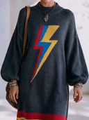 Women's Retro American-Style Casual Lightning Bolt Knit Sweater Dress Charcoal Mock Neck Balloon Sleeve Striped Hem ZMZ1371J5ZYY
