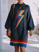 Women's Retro American-Style Casual Lightning Bolt Knit Sweater Dress Charcoal Mock Neck Balloon Sleeve Striped Hem ZMZ1371J5ZYY