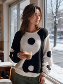 Women's Classic Casual Loose-Fit Long-Sleeve Sweater With Black And White Contrasting Polka-Dot Jacquard And Crew Neck ZMZ1375J5ZYY