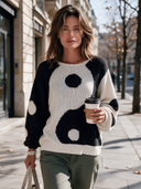 Women's Classic Casual Loose-Fit Long-Sleeve Sweater With Black And White Contrasting Polka-Dot Jacquard And Crew Neck ZMZ1375J5ZYY