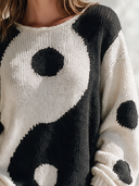 Women's Classic Casual Loose-Fit Long-Sleeve Sweater With Black And White Contrasting Polka-Dot Jacquard And Crew Neck ZMZ1375J5ZYY