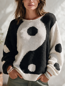 Women's Classic Casual Loose-Fit Long-Sleeve Sweater With Black And White Contrasting Polka-Dot Jacquard And Crew Neck ZMZ1375J5ZYY