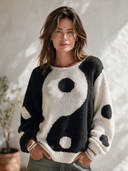 Women's Classic Casual Loose-Fit Long-Sleeve Sweater With Black And White Contrasting Polka-Dot Jacquard And Crew Neck ZMZ1375J5ZYY