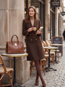 Women's Chocolate Brown Herringbone Double-Breasted Peak Lapel Tailored Long Coat ZMZ1328J7YZH