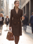 Women's Chocolate Brown Herringbone Double-Breasted Peak Lapel Tailored Long Coat ZMZ1328J7YZH