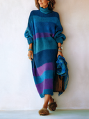 Women's Stylish Warm Color-Block Knitted Turtleneck Long-Sleeve Dress ZMZ1400J5SWL