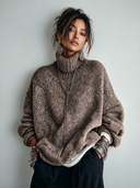 Women's Classic Brown High-Neck Pullover High-Stretch Knit Sweater ZMZ1472J4SWL