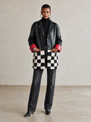 Women's American Retro Style Black Faux LeatherJacket With Checkerboard Sherpa Hem And Red Contrast Cuffs ZMZ1457J4ZYY