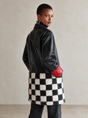 Women's American Retro Style Black Faux LeatherJacket With Checkerboard Sherpa Hem And Red Contrast Cuffs ZMZ1457J4ZYY