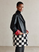Women's American Retro Style Black Faux LeatherJacket With Checkerboard Sherpa Hem And Red Contrast Cuffs ZMZ1457J4ZYY