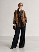 Women's Retro-Style Camel & Chocolate Brown Colorblock Suede Leather-Look Stand Collar Button Jacket ZMZ1425J3ZYY