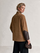 Women's Retro-Style Camel & Chocolate Brown Colorblock Suede Leather-Look Stand Collar Button Jacket ZMZ1425J3ZYY